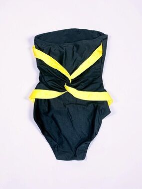 Vintage Couture Oscar de la Renta Black One-Piece Swimsuit with Yellow Trim
